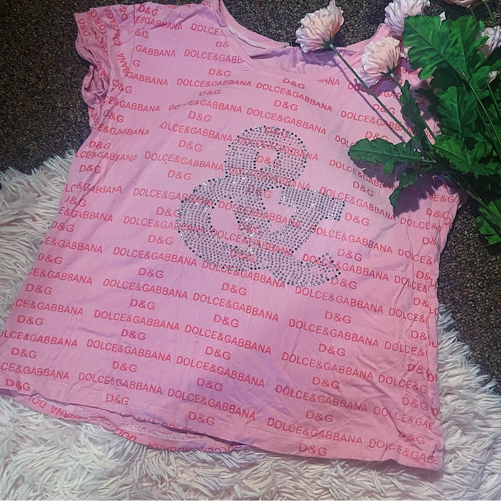 Vintage Y2K Dolce & Gabanna Pink Bling Rhinestone T Shirt Sz XL